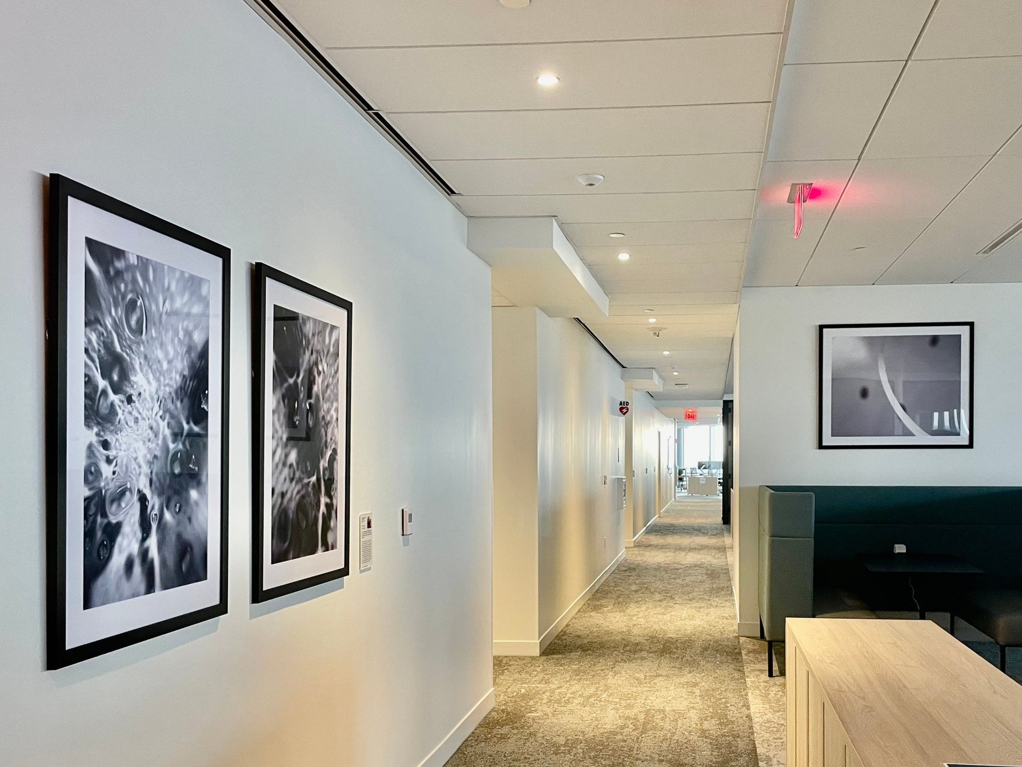 Three prints by Michael Van Huffel hang in an open office space in State Street’s HQ. 